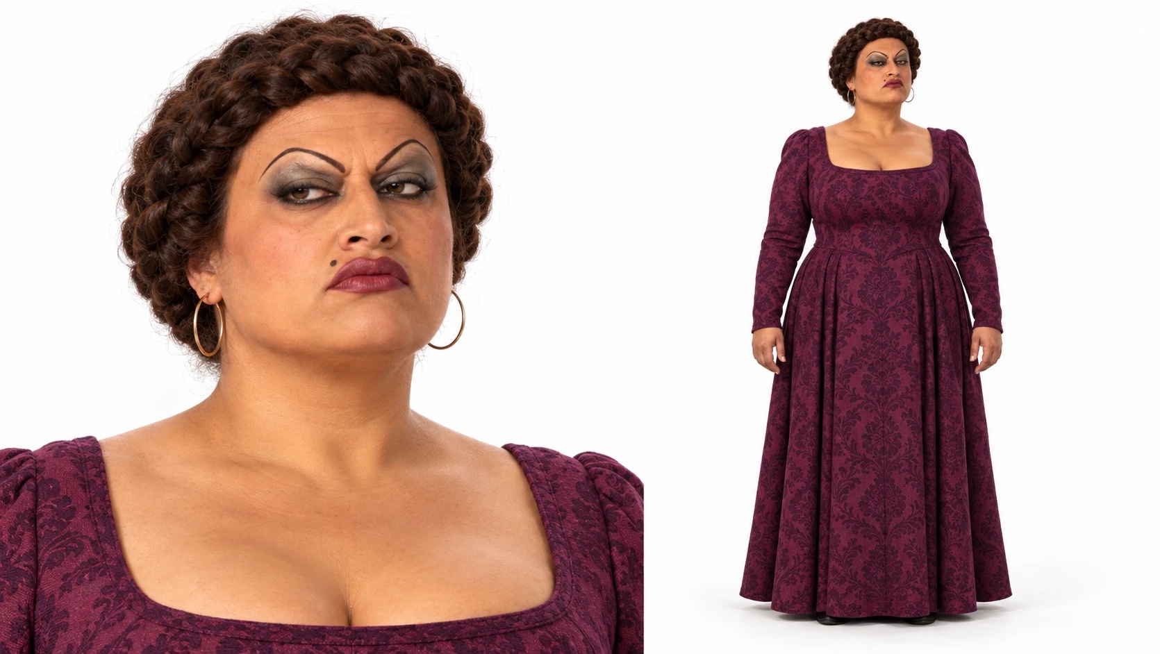 Dori, personagem de tranças no alto da cabeça, maquiagem marcada, argolas douradas e vestido vinho de damasco, em retrato e corpo inteiro
