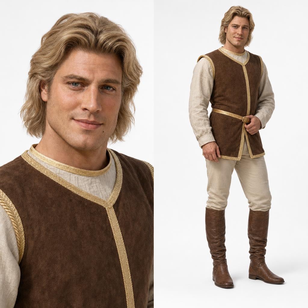 Príncipe Encantado, personagem loiro de cabelo na altura do pescoço, colete marrom com debrum dourado e botas de couro, em retrato e corpo inteiro